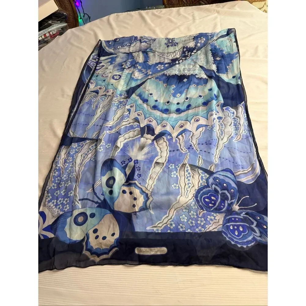 Salvatore Ferragamo Blue Butterfly Floral Silk Chiffon Scarf Italy Large